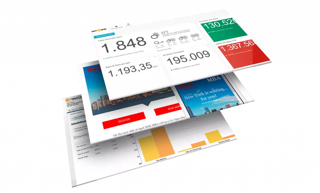 Panel de informes de NewsletterSoft con estadísticas de campañas, métricas y gráficos de aperturas y clics