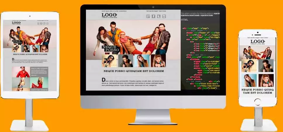 Plantilla de newsletter HTML responsive mostrada en tablet, monitor y móvil junto al código HTML