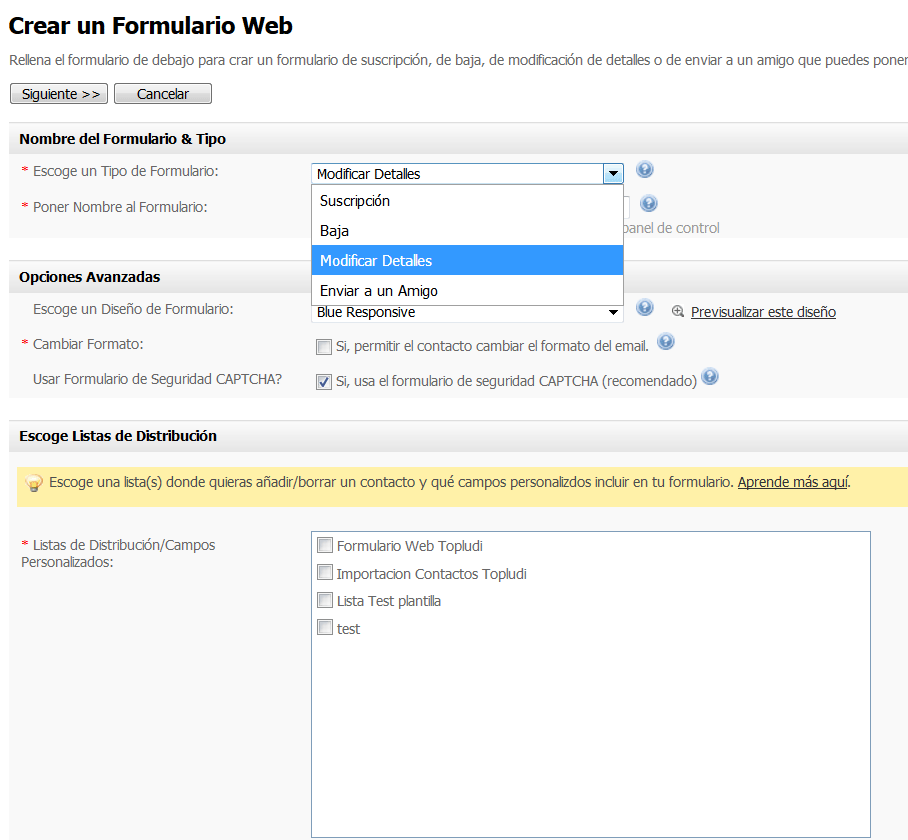 Crear formulario captación emails para que cumpla RGPD