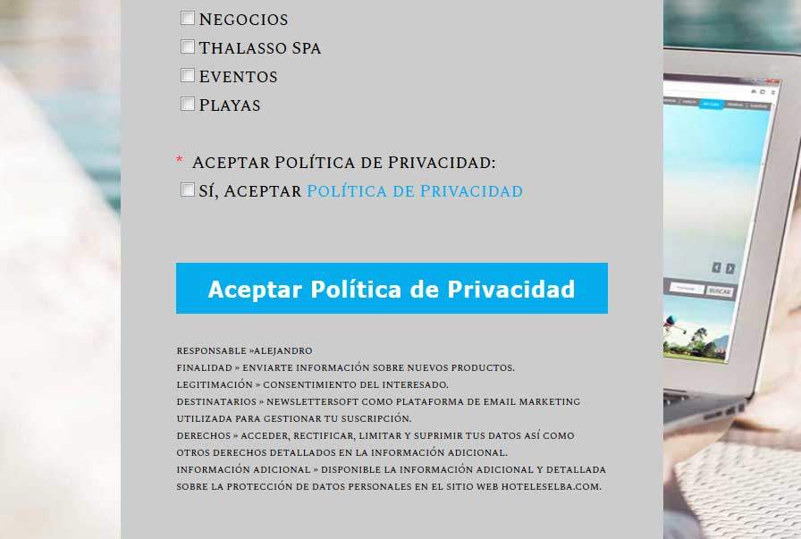 Texto legal responsable formulario captación de datos