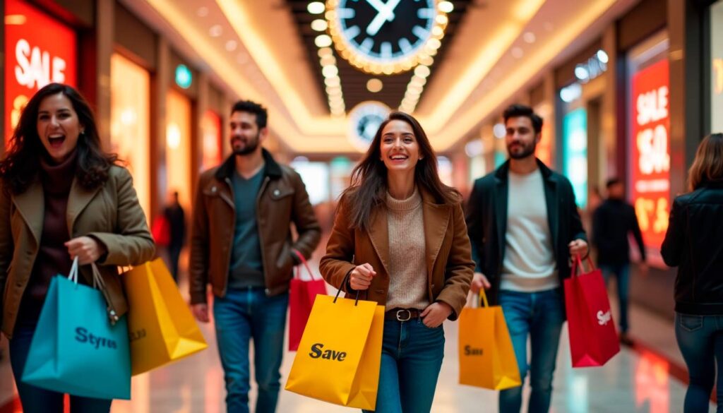 Compradores con bolsas de colores en un centro comercial durante las rebajas de Black Friday