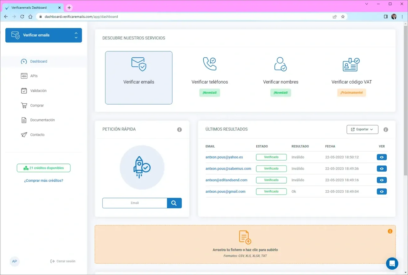 Verificar direcciones de correo de forma masiva con VerificarEmails