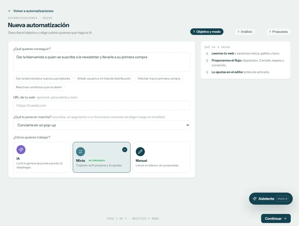 Asistente con IA para crear una automatización a partir de un objetivo