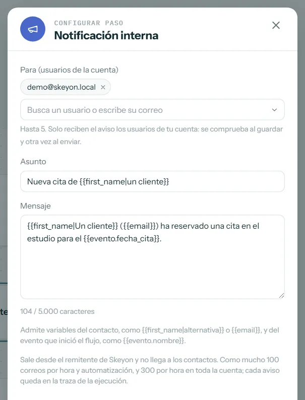 Bloque Notificación interna para avisar al equipo comercial desde un flujo