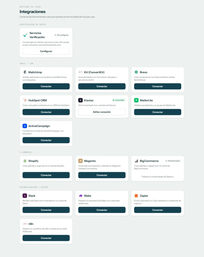 Pantalla de integraciones con las herramientas conectadas