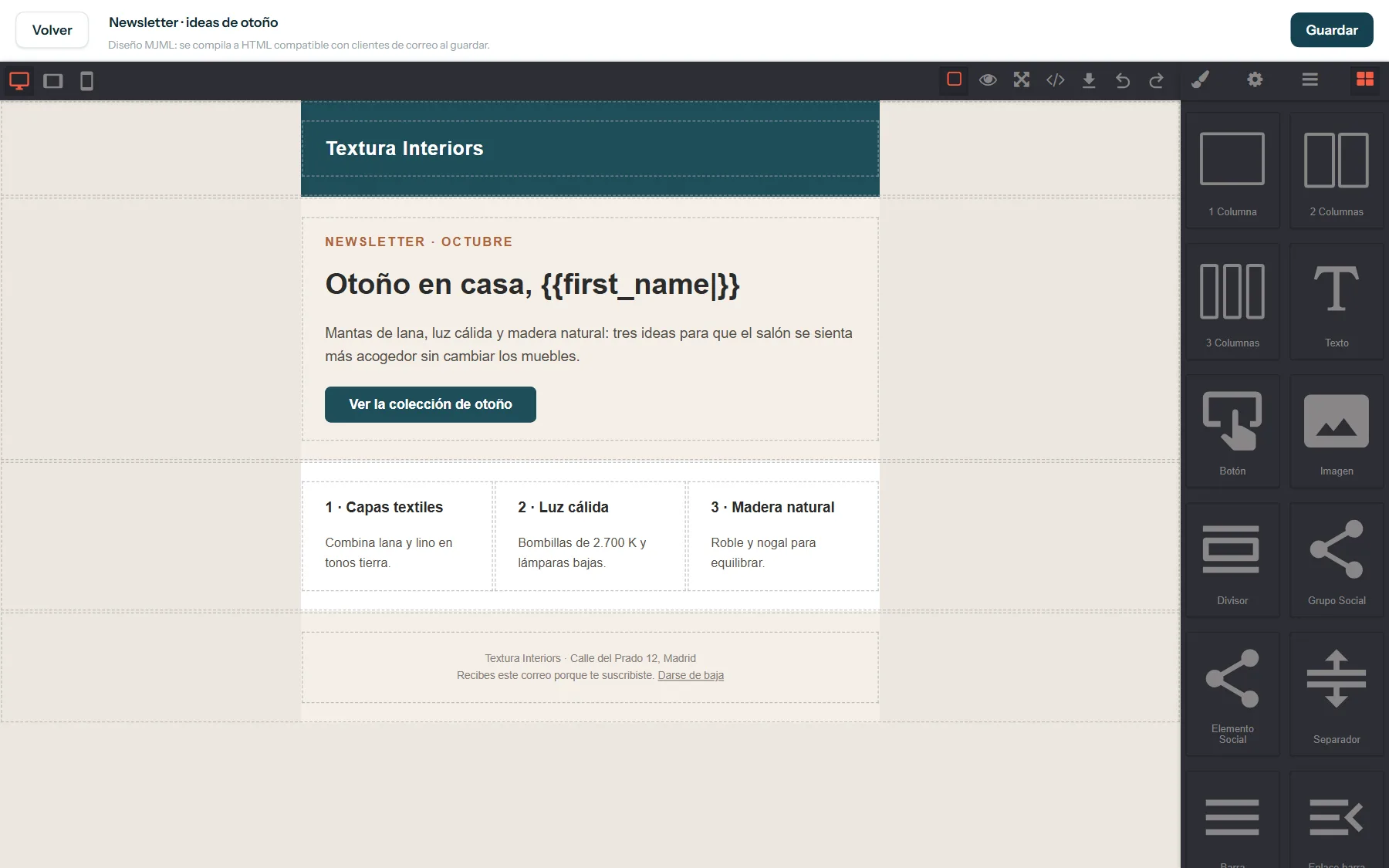 Editor visual de email con un diseño de newsletter