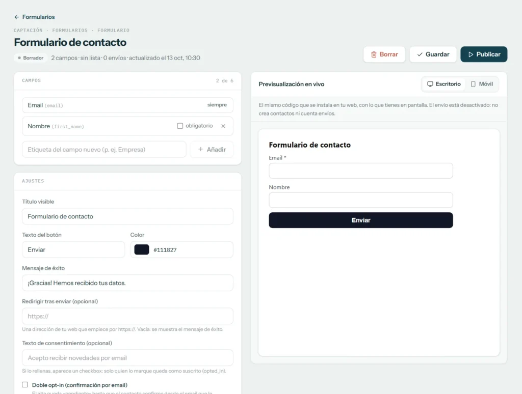 Editor de formularios con la previsualización