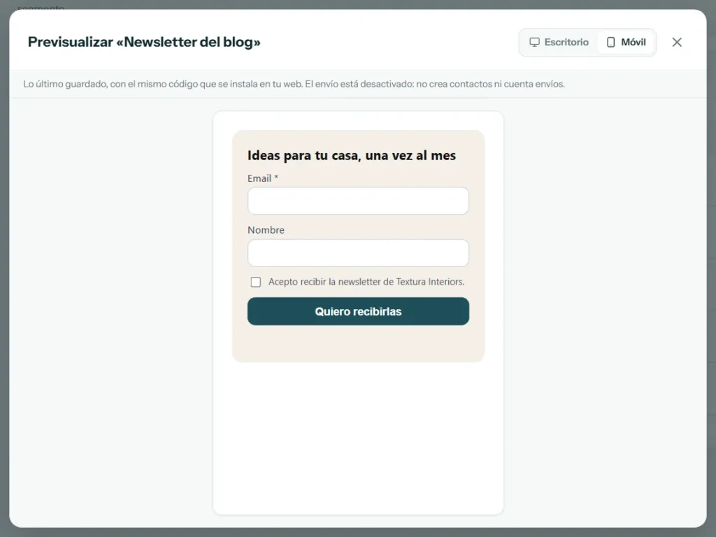 Previsualización de un formulario en versión móvil