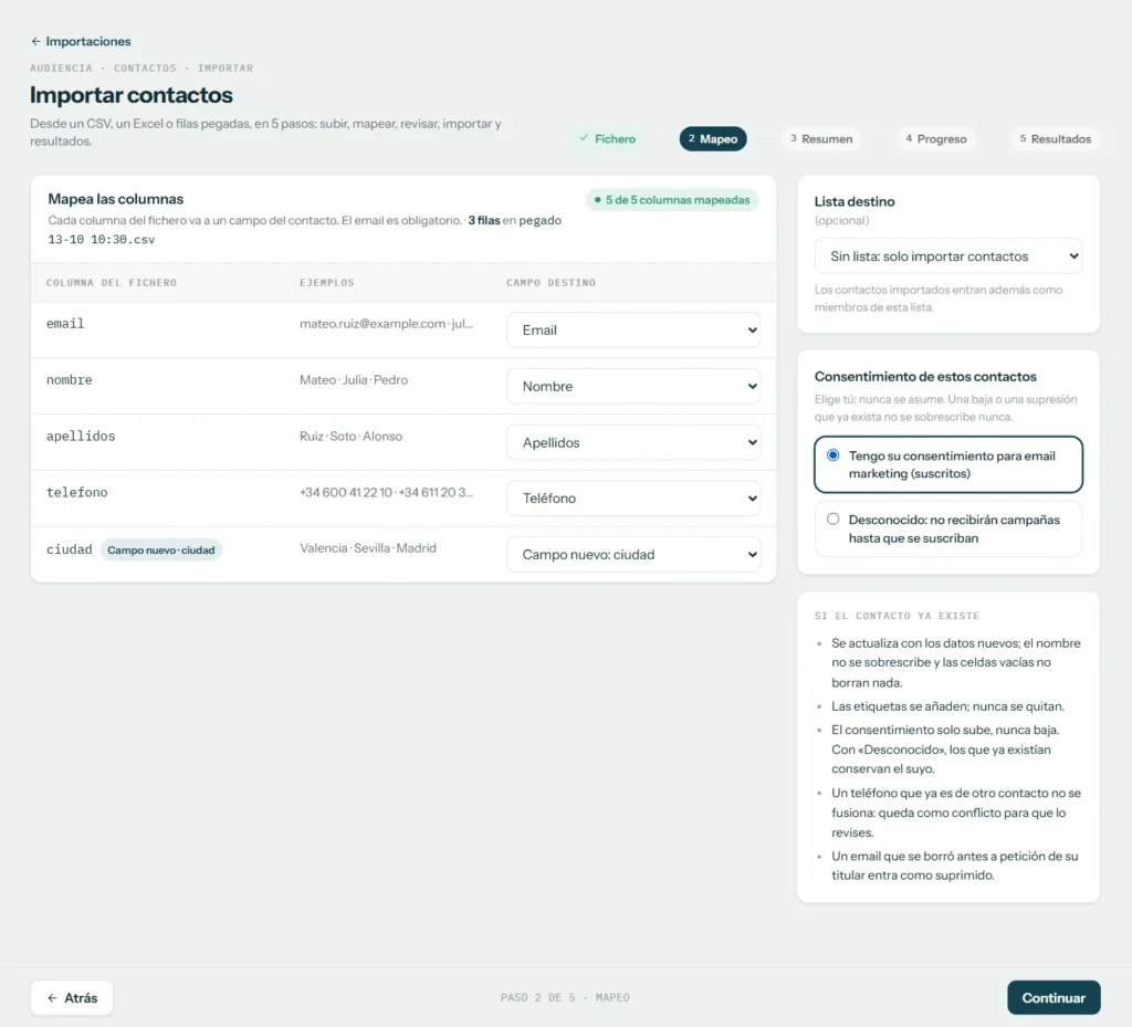 Importación de contactos: columnas del fichero y su campo de destino