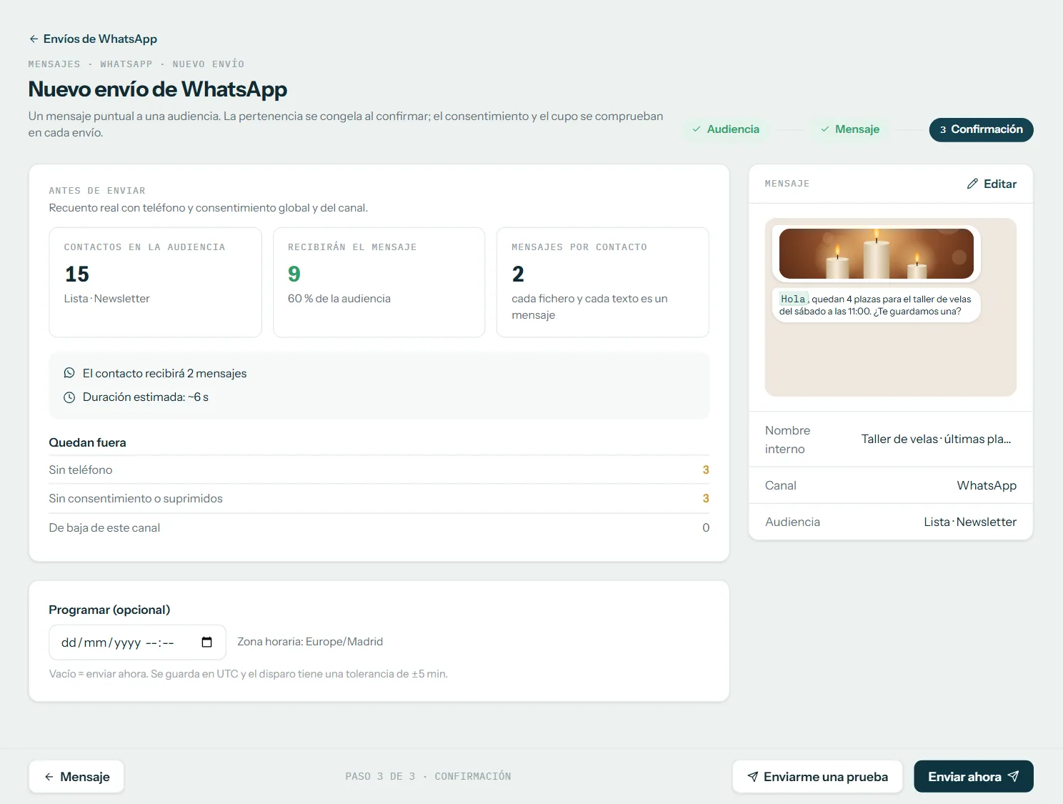 Confirmación de un envío de WhatsApp con el recuento de destinatarios