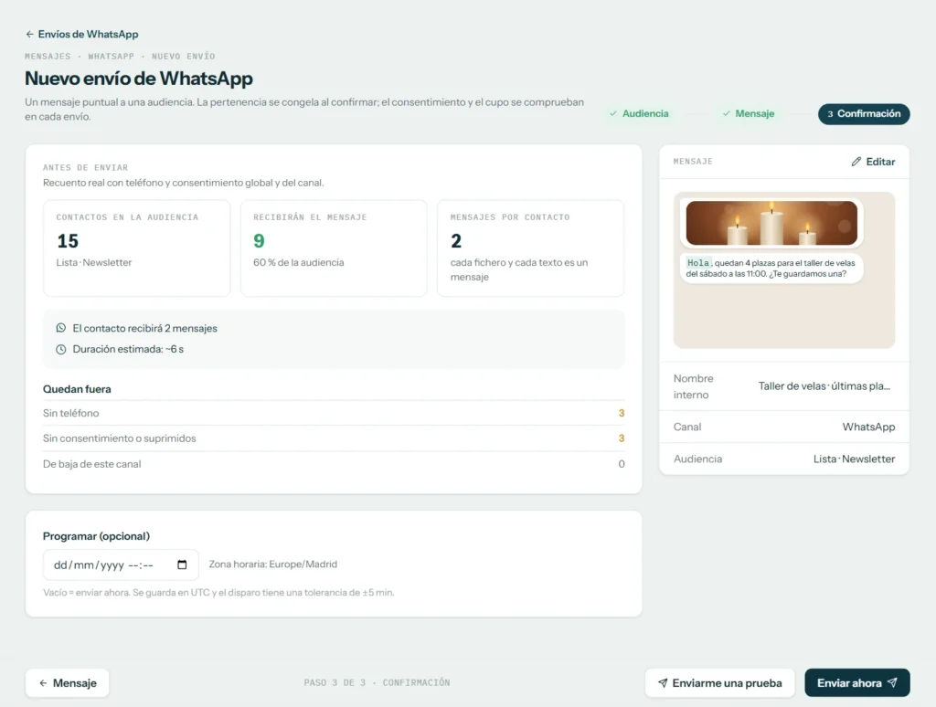 Confirmación de un envío de WhatsApp con el recuento de destinatarios