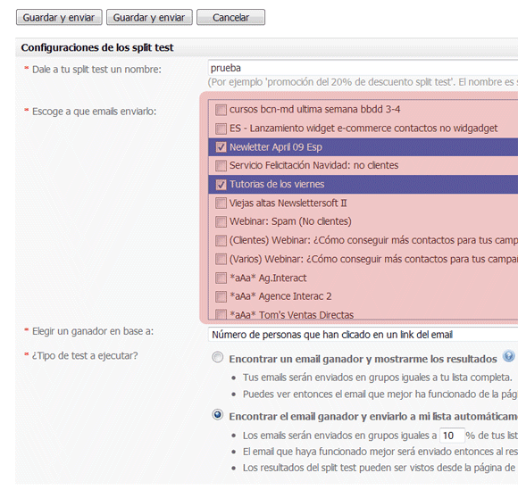 Editor de campaña de newsletter con A/B Testing