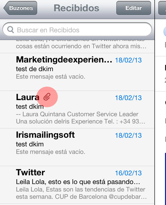 Formato plantilla newsletter en iphone cuando este contiene adjuntos antes de abrir el correo.