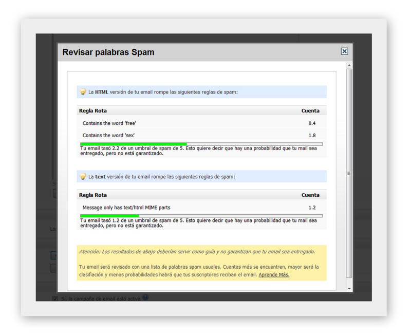 Medir palabras Spam Herramienta email marketing de newslettersoft
